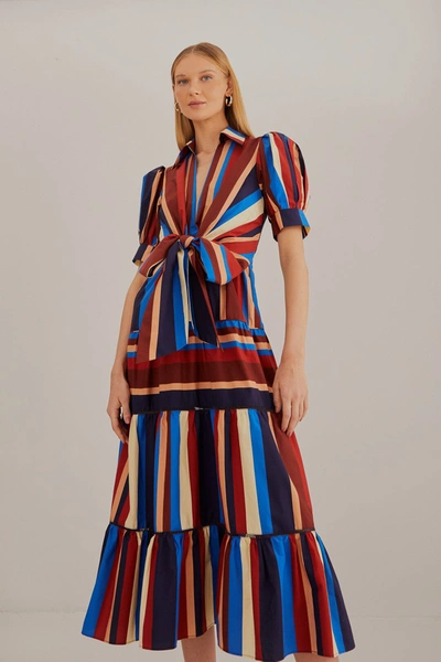 Farm Rio Multicolor Winter Stripes Short Sleeve Midi Dress In Winter Stripes Multicolor