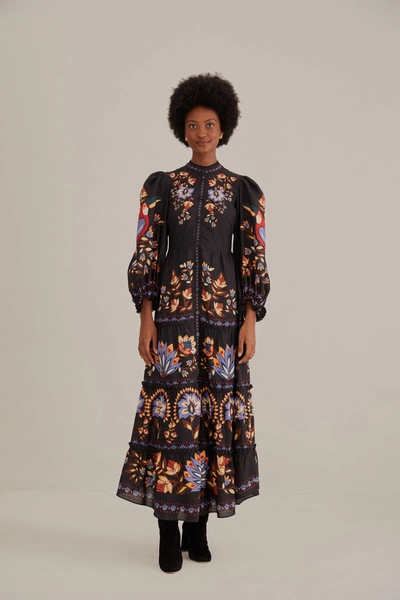 Farm Rio Tiered Floral-print Cotton-blend Maxi Dress In Winter Garden Black