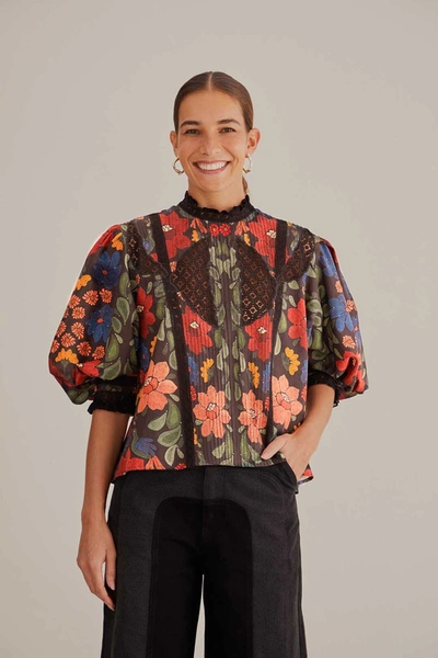 Farm Rio Black Stitched Flowers Short Sleeve Blouse In Stitched Garden Black