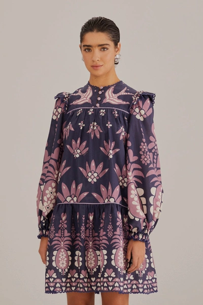 Farm Rio Dark Blue Ainika Martina Long Sleeve Mini Dress In Ainika Martina  Dark Blue | ModeSens
