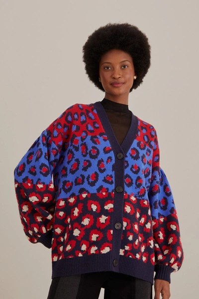 Farm Rio Leopard Print Knit Cardigan Sweater In Mixed Leopards Navy Multi