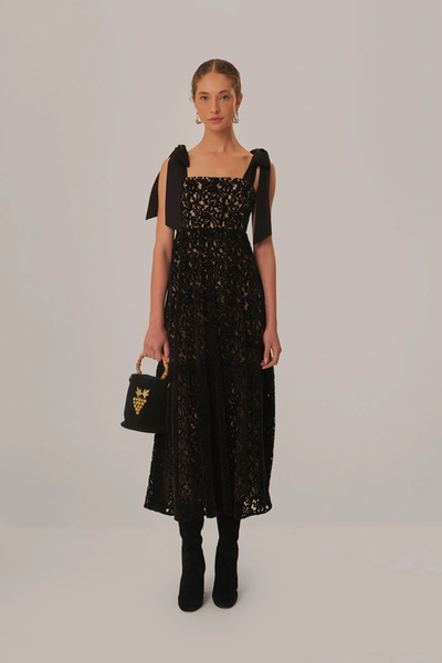 Farm Rio Satin-trimmed Velvet Guipure Lace Maxi Dress In Black