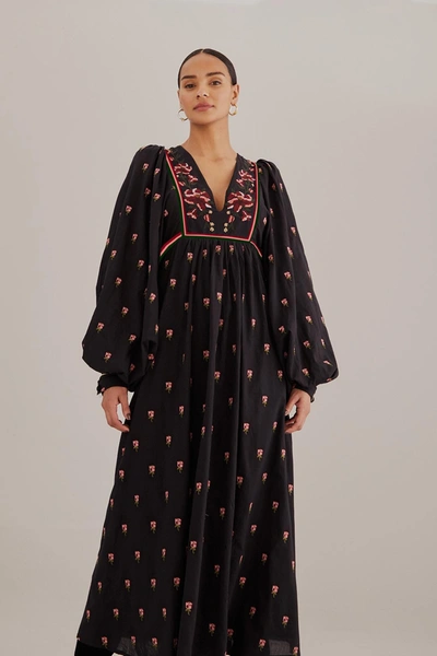 Farm Rio Black Floral Embroidered V Neck Maxi Dress