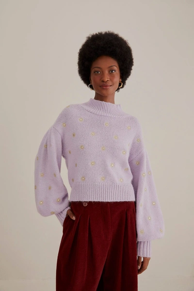 Farm Rio Mirror Embroidered Knit Sweater In Soft Lilac