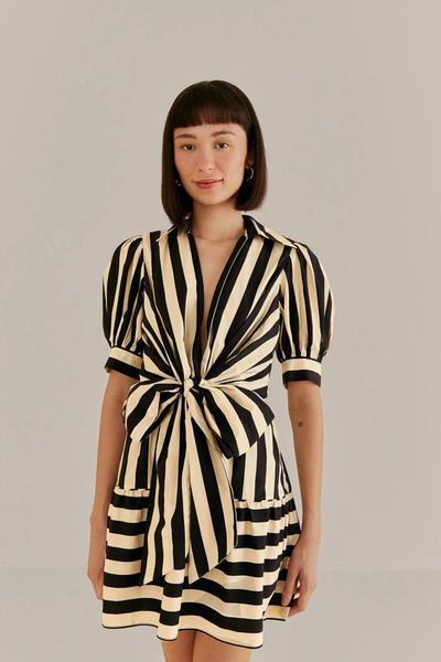 Farm Rio Mixed Stripes Short-sleeve Bow Mini Dress In Mixed Stripes Black