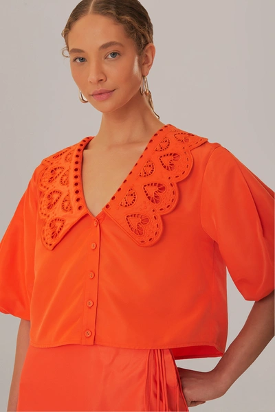 Farm Rio Orange Richelieu Collar Shirt In Vivid Orange