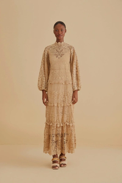 Farm Rio Khaki Guipure Long Sleeve Maxi Dress | ModeSens
