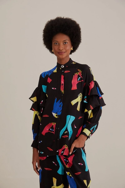 Farm Rio Black Colourful Together Long Sleeve Shirt In Black Together