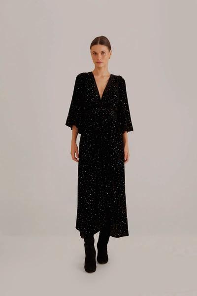 Farm Rio Black Velvet Short Sleeve Midi Dress