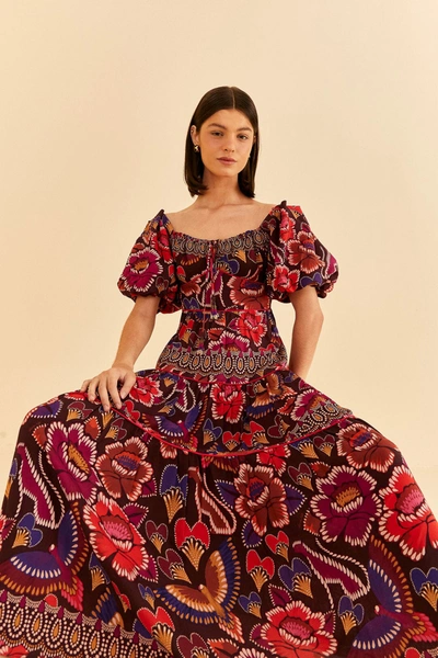 Farm Rio Brown Bright Flora Short Sleeve Midi Dress In Bright Flora Brown