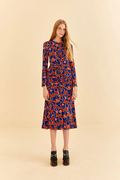 Farm Rio Bright Blue Mushroom Sketch Lenzing Ecovero Viscose Midi Dress In Mushroom Sketch Bright Blue