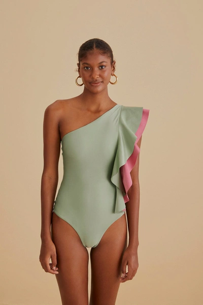 Farm Rio Ruffled One-shoulder Swimsuit In Green