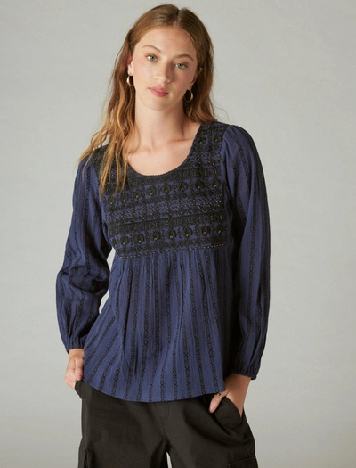 Lucky Brand Women's Beaded Embroidered Cotton Peasant Top In Blue