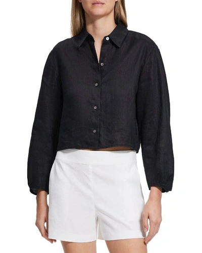 Theory Pleat Sleeve Linen Shirt In Black