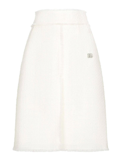 Dolce & Gabbana Raschel Tweed Midi Skirt With Central Slit In Cream