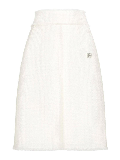 Dolce & Gabbana Raschel Tweed Midi Skirt With Central Slit In White