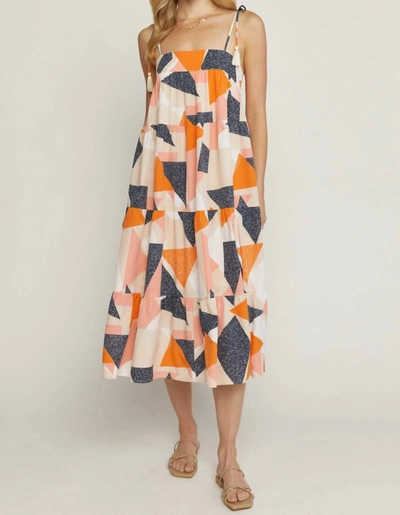 Entro Printed Square Neck Dress In Peach/blue In Pink