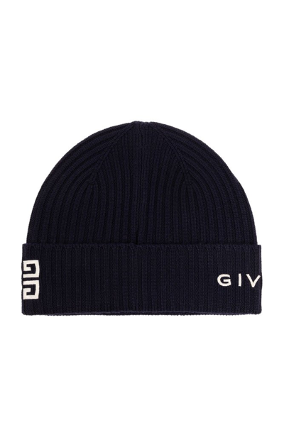 Givenchy Logo Embroidered Ribbed Beanie In Navy