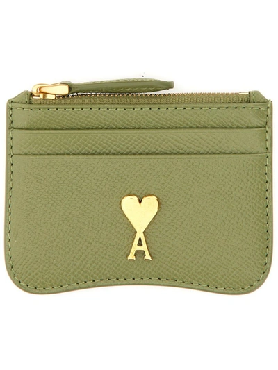 Ami Alexandre Mattiussi Paris Paris Zipped Card Holder Green Unisex In Mossy Green