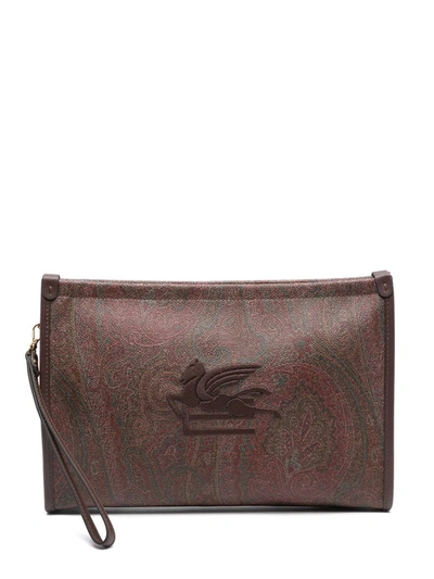 Etro Logo Paisley Canvas Clutch Bag In Brown