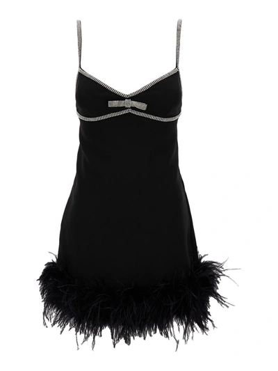 SELF-PORTRAIT MINI BLACK DRESS WITH BOW DETAIL AND FEATHERS TRIM IN TECH FABRIC WOMAN