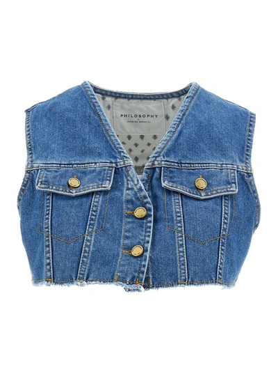 PHILOSOPHY DI LORENZO SERAFINI LIGHT BLUE CROPPED VEST WITH BUTTONS IN COTTON BLEND DENIM WOMAN