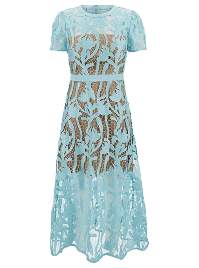 SELF-PORTRAIT MIDI LIGHT BLUE DRESS WITH SHORT SLEEVES IN FLOREAL LACE WOMAN