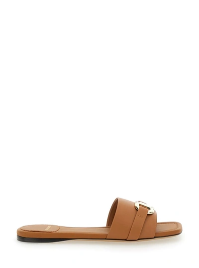 FERRAGAMO 'LEAH' BROWN SLIDE SANDALS IN LEATHER WOMAN