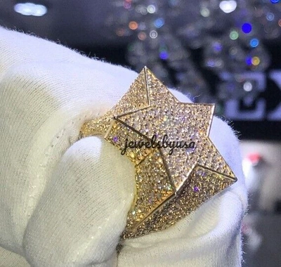 Pre-owned Nsg Buss Down 3d Star Genuine White Moissanite Ring 14k Yellow Gold Plated Silver
