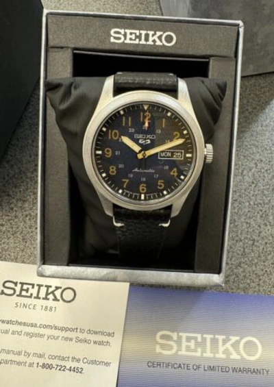 Pre-owned Seiko 5 Automatic Black Leather Band Watch Blue Dial Srpg39 Made In Japan