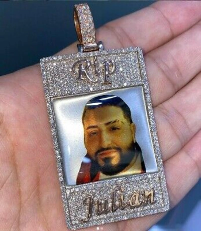Pre-owned Nsg Custom Mens Memory Picture Pendant Cubic Zirconia 14k Rose Gold Plated Silver In White