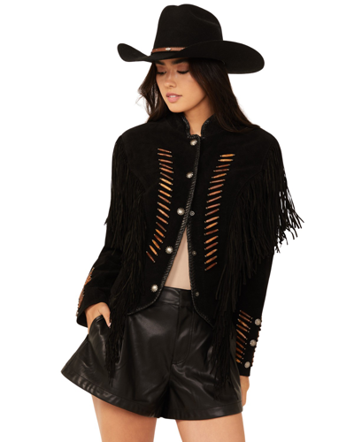 Pre-owned Scully Women's Beaded And Lace Fringe Jacket - L1100-blk In Black