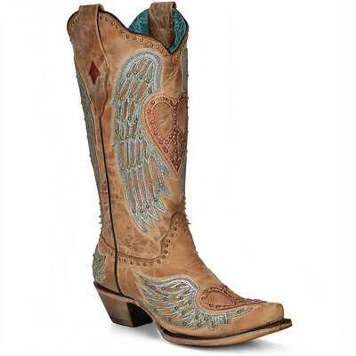 Pre-owned Corral Women's A4235 Sand Heart & Wings Overlay Snip Toe 2" & Heel Boots, Sizes In Brown