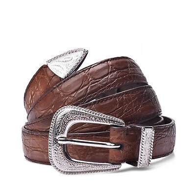 Pre-owned Brunello Cucinelli Men's Genuine Crocodile Belt With Western Style Silver Buckle