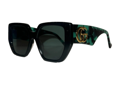 Pre-owned Gucci Gg 0956s 001 Green Black Cat Eye Grey Lens Oversized Sunglasses 54mm