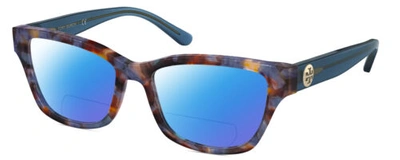 Pre-owned Tory Burch Ty2112u Cat Eye Polarized Bifocal Sunglasses Blue Brown Tortoise 51mm In Blue Mirror