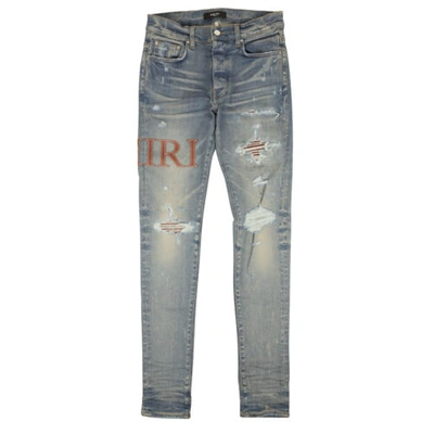 Pre-owned Amiri Leather Stitch Logo Jean Clay Indigo Straight-fit Jeans Size 30 $1490