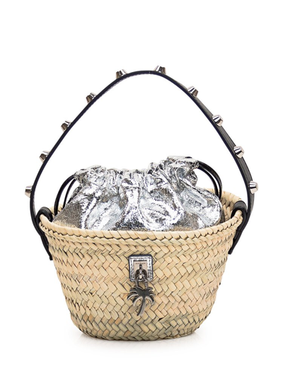 Palm Angels Logo-charm Straw Bucket Bag In Beige