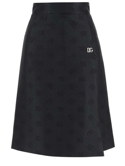 Dolce & Gabbana Dg Logo Quilted Jacquard Midi Skirt In Black