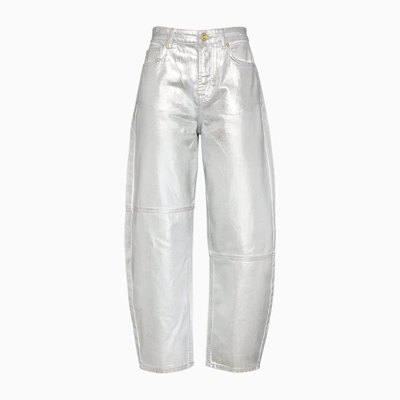 Ganni Stary Foil-print Barrel-leg Jeans In White