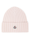 MONCLER LIGHT PINK RIBBED WOOL BEANIE WITH LOGO