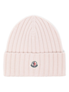 Moncler Light Pink Ribbed Wool Beanie With Logo In Pink