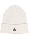 MONCLER WHITE RIBBED WOOL BEANIE WITH LOGO