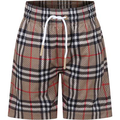 Burberry Kids' Beige Sports Shorts For Boy With Iconic Vintage Check In Archive Beige Ip Chk