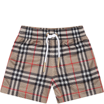 Burberry Beige Sports Shorts For Baby Boy With Iconic Vintage Check