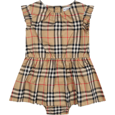Burberry Beige Dress For Baby Girl With Iconic Vintage Check