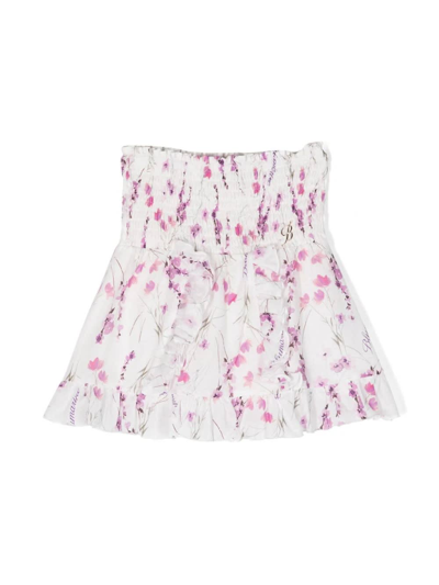 MISS BLUMARINE WHITE MINISKIRT WITH RUFFLES AND FLORAL PRINT