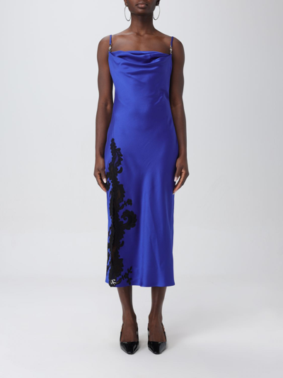 Versace Satin Lace-embroidered Midi Slip Dress In Blue