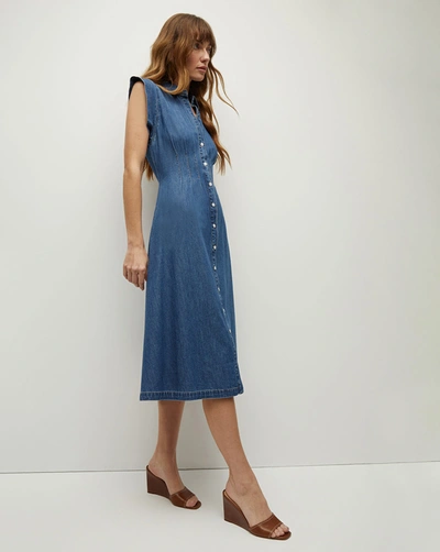 Veronica Beard Ruben Pintuck Waist Sleeveless Denim Dress In Pebble Stone
