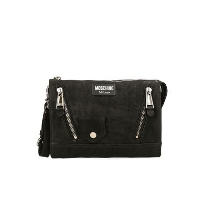 Moschino Logo-patch Nubuck Clutch Bag In Schwarz